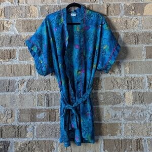 VTG Circa 2000 Textured Satin Short Robe Blue Pink Green Yellow Size Large